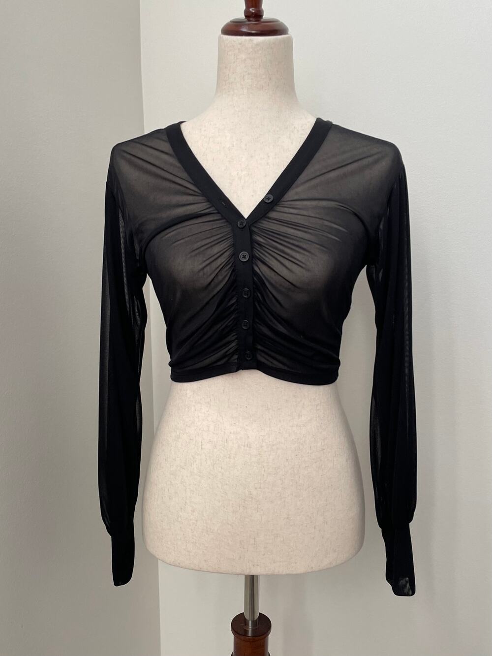 Urban Outfitters Sheer Long Sleeve Button-Up Shirt Womens S Black Cropped